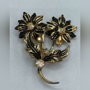 Elegant Vintage Gold and Black Enamel Floral Brooch Made In Austria